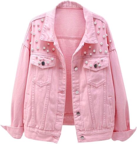 LifeShe Women's Embroidered Pearl Denim Jean Jacket Coat in Saudi Arabia