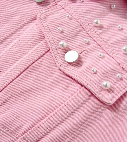 LifeShe Women's Embroidered Pearl Denim Jean Jacket Coat in Saudi Arabia