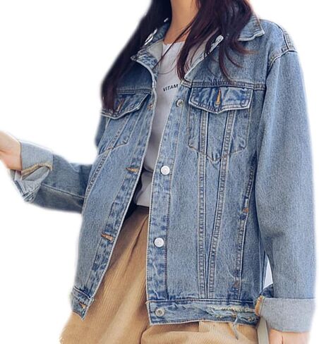 Saukiee Oversized Denim Jacket Distressed Boyfriend Jean Coat Jeans Trucker Jacket for Women Girls in Kuwait