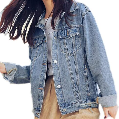 Saukiee Oversized Denim Jacket Distressed Boyfriend Jean Coat Jeans Trucker Jacket for Women Girls in Kuwait