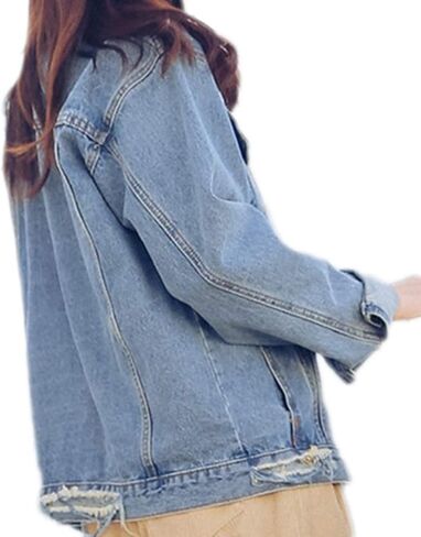 Saukiee Oversized Denim Jacket Distressed Boyfriend Jean Coat Jeans Trucker Jacket for Women Girls in Kuwait