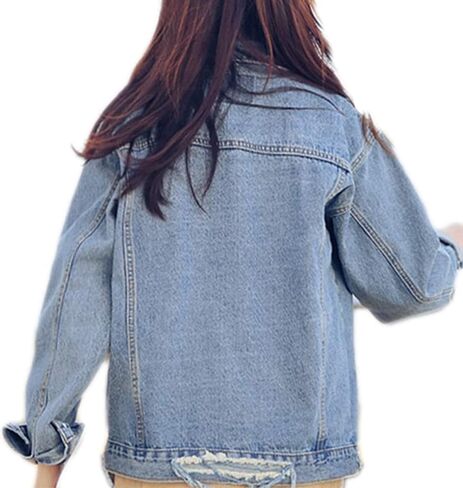 Saukiee Oversized Denim Jacket Distressed Boyfriend Jean Coat Jeans Trucker Jacket for Women Girls in Kuwait