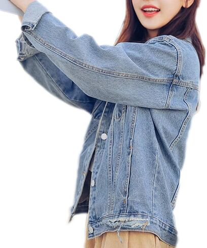 Saukiee Oversized Denim Jacket Distressed Boyfriend Jean Coat Jeans Trucker Jacket for Women Girls in Kuwait