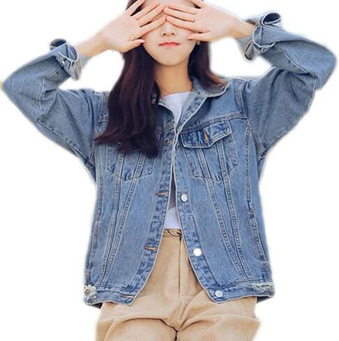 Saukiee Oversized Denim Jacket Distressed Boyfriend Jean Coat Jeans Trucker Jacket for Women Girls in Kuwait
