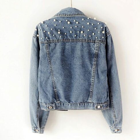 Hixiaohe Women Loose Embroidered Pearls Beading Cropped Denim Jacket Jean Coat in Kuwait