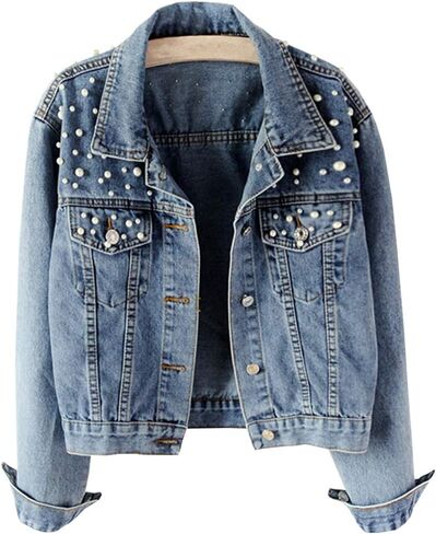 Hixiaohe Women Loose Embroidered Pearls Beading Cropped Denim Jacket Jean Coat in Kuwait