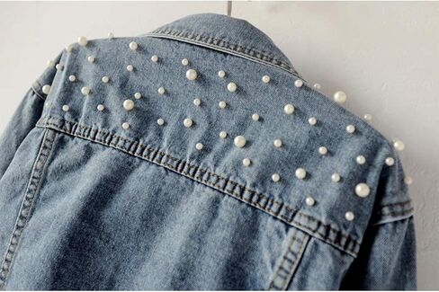Hixiaohe Women Loose Embroidered Pearls Beading Cropped Denim Jacket Jean Coat in Kuwait