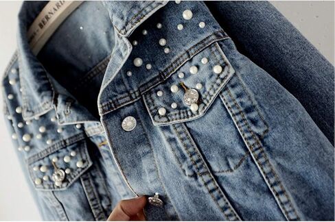 Hixiaohe Women Loose Embroidered Pearls Beading Cropped Denim Jacket Jean Coat in Kuwait