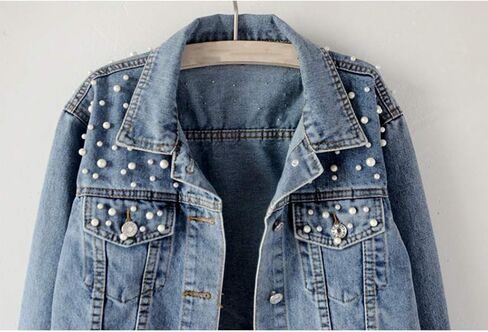 Hixiaohe Women Loose Embroidered Pearls Beading Cropped Denim Jacket Jean Coat in Kuwait