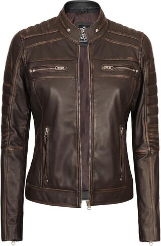 fjackets Real Leather Jacket Women - Cafe Racer Slim Fit Stand Collar Womens Motorcycle Jackets in Kuwait