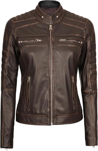 fjackets Real Leather Jacket Women - Cafe Racer Slim Fit Stand Collar Womens Motorcycle Jackets in Kuwait