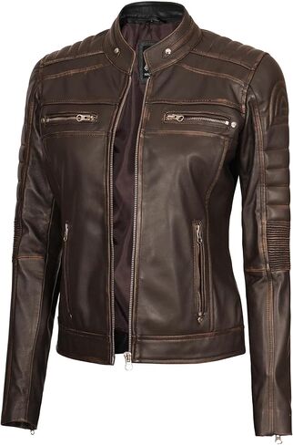 fjackets Real Leather Jacket Women - Cafe Racer Slim Fit Stand Collar Womens Motorcycle Jackets in Kuwait