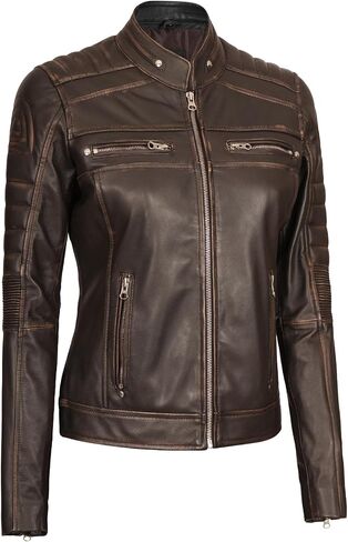 fjackets Real Leather Jacket Women - Cafe Racer Slim Fit Stand Collar Womens Motorcycle Jackets in Kuwait