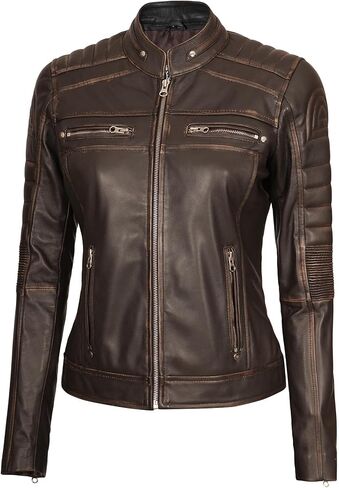 fjackets Real Leather Jacket Women - Cafe Racer Slim Fit Stand Collar Womens Motorcycle Jackets in Kuwait