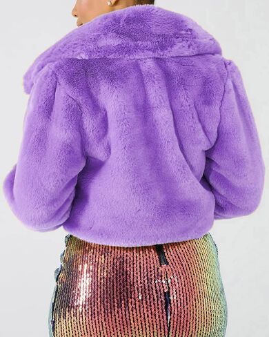 Nihsatin Womens Solid Cropped Long Sleeve Shaggy Jacket Lapel Faux Fur Coat Outwear Warm Winter in Saudi Arabia
