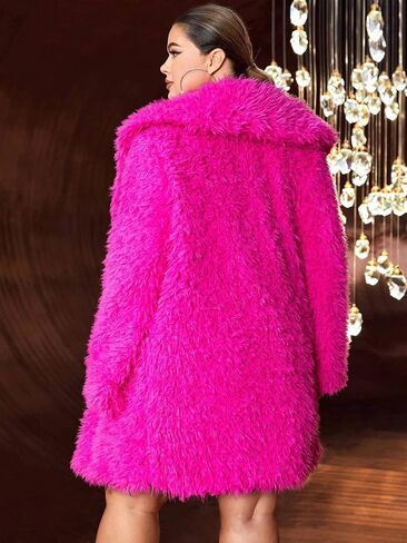 RED DOT BOUTIQUE 690 - Plus Size Open Front Statement Waterfall Collar Long Sleeves Fuzzy Coat Jacket Hot Pink Fuchsia in Saudi Arabia