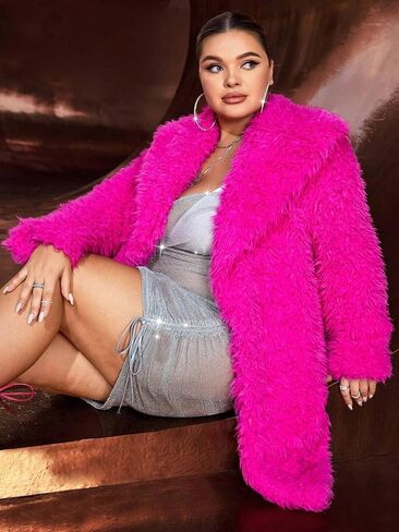 RED DOT BOUTIQUE 690 - Plus Size Open Front Statement Waterfall Collar Long Sleeves Fuzzy Coat Jacket Hot Pink Fuchsia in Saudi Arabia