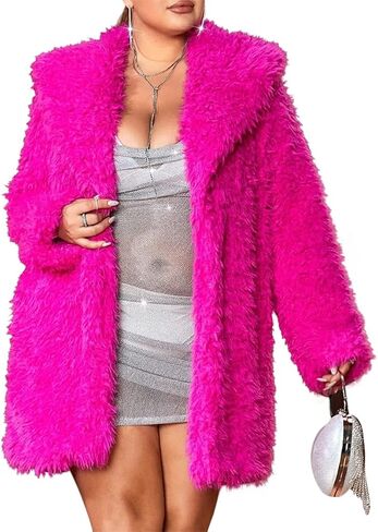 RED DOT BOUTIQUE 690 - Plus Size Open Front Statement Waterfall Collar Long Sleeves Fuzzy Coat Jacket Hot Pink Fuchsia in Saudi Arabia