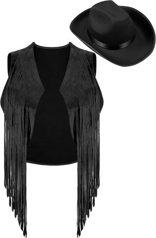 Fringe Vests Cowgirl Outfits for Women Faux Suede Tassels 70s Hippie Clothes Vest Jacket Western Cowgirl Hat Cowboy Hat in Saudi Arabia