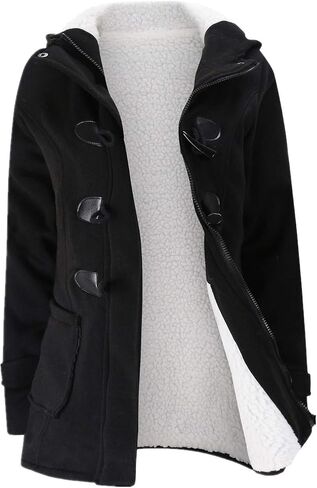 JiangWu Womens Fashion Horn Button Fleece Thicken Coat with Hood Winter Warm Jacket in Kuwait
