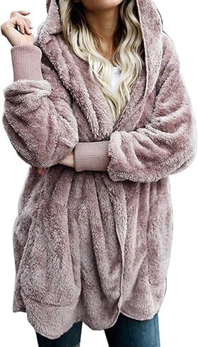 Zilcremo Women Hooded Cardigan Fuzzy Jacket Winter Open Front Fleece Coat Outwear with Pockets in Saudi Arabia