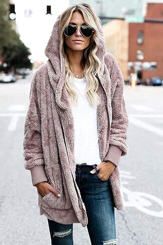 Zilcremo Women Hooded Cardigan Fuzzy Jacket Winter Open Front Fleece Coat Outwear with Pockets in Saudi Arabia