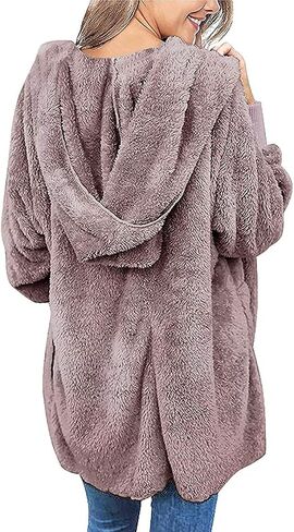Zilcremo Women Hooded Cardigan Fuzzy Jacket Winter Open Front Fleece Coat Outwear with Pockets in Saudi Arabia