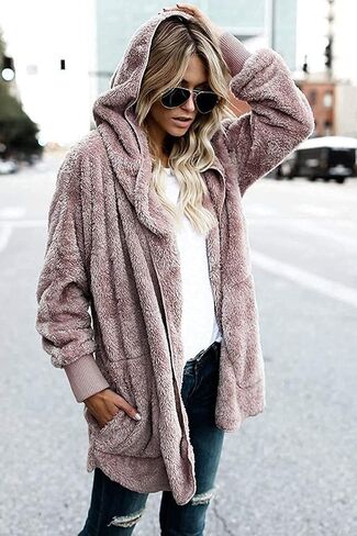 Zilcremo Women Hooded Cardigan Fuzzy Jacket Winter Open Front Fleece Coat Outwear with Pockets in Saudi Arabia