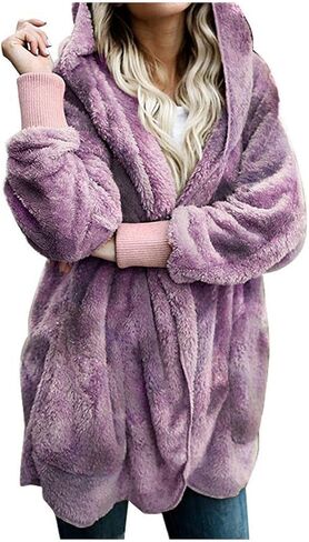 Zilcremo Women Hooded Cardigan Fuzzy Jacket Winter Open Front Fleece Coat Outwear with Pockets in Saudi Arabia