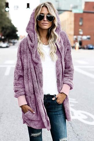 Zilcremo Women Hooded Cardigan Fuzzy Jacket Winter Open Front Fleece Coat Outwear with Pockets in Saudi Arabia