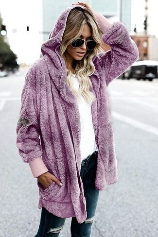Zilcremo Women Hooded Cardigan Fuzzy Jacket Winter Open Front Fleece Coat Outwear with Pockets in Saudi Arabia