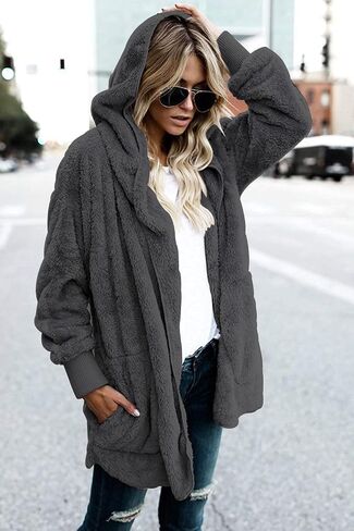 Zilcremo Women Hooded Cardigan Fuzzy Jacket Winter Open Front Fleece Coat Outwear with Pockets in Saudi Arabia