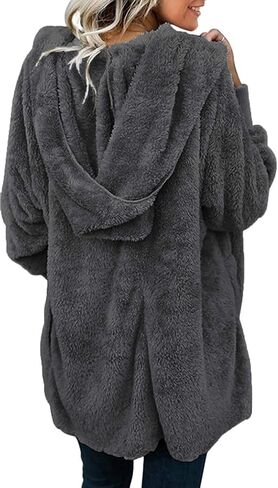 Zilcremo Women Hooded Cardigan Fuzzy Jacket Winter Open Front Fleece Coat Outwear with Pockets in Saudi Arabia