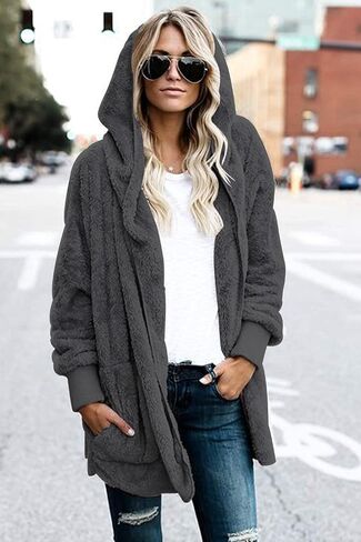 Zilcremo Women Hooded Cardigan Fuzzy Jacket Winter Open Front Fleece Coat Outwear with Pockets in Saudi Arabia