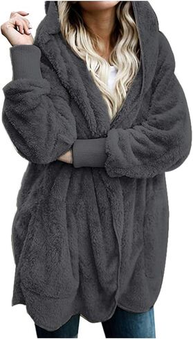 Zilcremo Women Hooded Cardigan Fuzzy Jacket Winter Open Front Fleece Coat Outwear with Pockets in Saudi Arabia