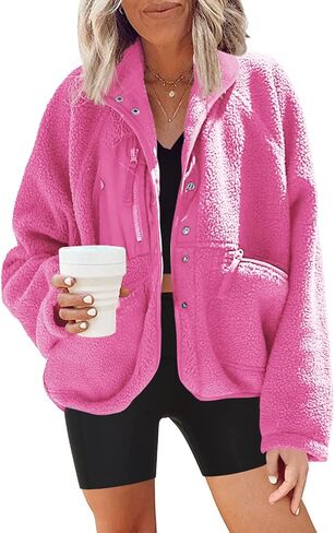 Nirovien Womens Fuzzy Fleece Jacket Button Down Sherpa Coats Casual Winter Warm Outwear with Pockets in Saudi Arabia