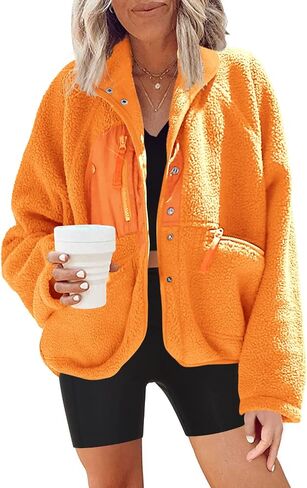 Nirovien Womens Fuzzy Fleece Jacket Button Down Sherpa Coats Casual Winter Warm Outwear with Pockets in Saudi Arabia