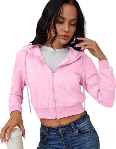 Women's Zip Up Hoodies Cropped Cardigan Jacket Drawstring Hooded Sweatshirts Casual Long Sleeve Top… in Saudi Arabia