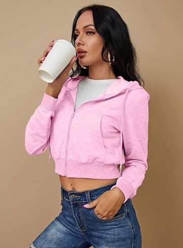 Women's Zip Up Hoodies Cropped Cardigan Jacket Drawstring Hooded Sweatshirts Casual Long Sleeve Top… in Saudi Arabia