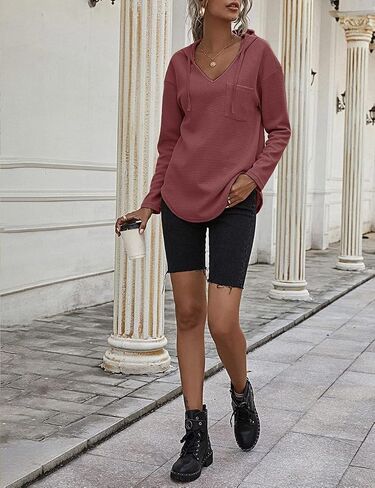 morhuduck Women's V Neck Hoodies Long Sleeve Sweatshirt Drawstring Pullover Tops with Pocket in Saudi Arabia