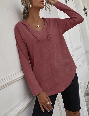 morhuduck Women's V Neck Hoodies Long Sleeve Sweatshirt Drawstring Pullover Tops with Pocket in Saudi Arabia