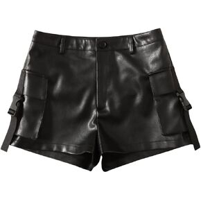 WDIRARA Women's High Waisted PU Leather Shorts Roll Hem Shorts with Pockets