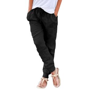Puimentiua Womens Tapered Pants Cotton Linen Drawstring Back Elastic Waist Pants Casual Trousers with Pockets in Saudi Arabia