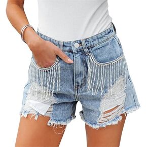 Women Mid Rise Ripped Stretchy Jeans Frayed Raw Hem Casual Tassels Denim Shorts