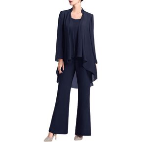 Zongqiven Women's Mother of The Bride Pant Suits 3 Pieces Chiffon Outfit Sets for Wedding Guest Evening Party Gowns