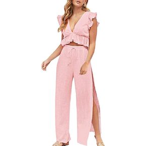 FANCYINN Womens 2 Pieces Outfits Deep V Neck Crop Top Side Slit Drawstring Wide Leg Pants Set Jumpsuits