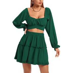 LYANER Women's 2 Piece Outfits Self Tie Knot Crop Top and Mini Skirt Set