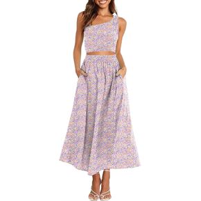 ANRABESS Women's 2 Pieces Outfits One Shoulder Smocked Crop Top & High Waist Long Skirt Dress Set with Pockets