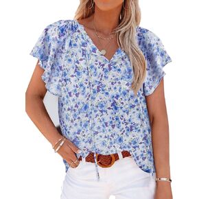 Mansy Women's Casual Floral Print V Neck Ruffle Short Sleeve Summer Shirts Tops Loose Blouses in Saudi Arabia