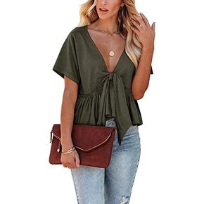 Fanway&EC Women's Short Sleeve V Neck Blouses Ruffle Hem Tie Front Crop Tops Lightweight Basic Summer Tops